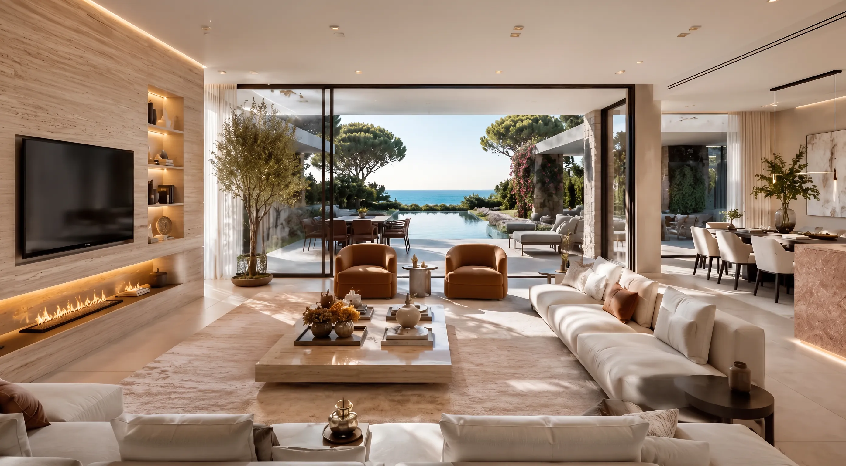 Mirador del Mar — Salón con chimenea y vistas al mar